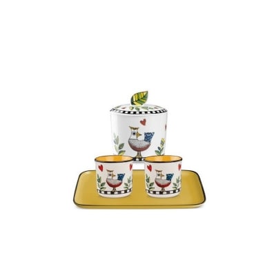 Керамичен комплект 2 чаши за кафе, захарница и поднос Cocorico, жълт цвят, Egan Италия