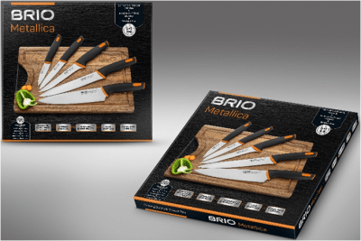 Комплект от 5 броя кухненски ножове с дъска за рязане, Brio Metalica