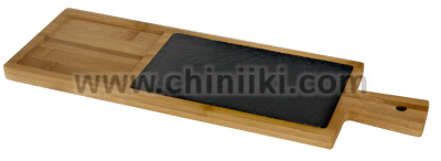Правоъгълна бамбукова дъска с 2 секции, каменна плоча за сервиране и презентация, 40 x 13 см