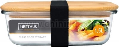 Стъклена кутия за храна 1.5 литра с херметическо затваряне и бамбуков капак, NERTHUS Испания