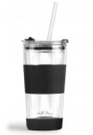 Двустенна стъклена чаша 600 мл със сламка и капак Fuori, черен цвят, Vialli Design Полша