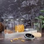Комплект от 3 броя стъклени буркани за съхранение на продукти със стойка