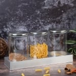 Комплект от 3 броя стъклени буркани за съхранение на продукти със стойка