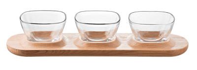 Сет от 3 стъклени купички за разядки / сосове с дървено плато за сервиране Fenice, Vidivi Италия