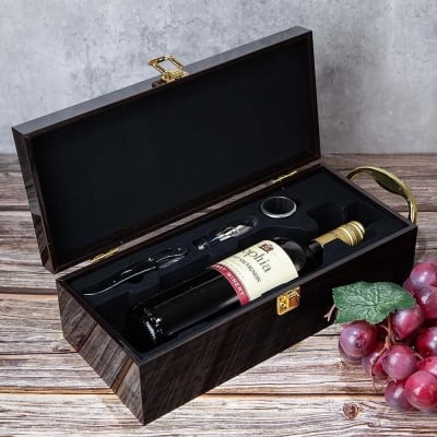 Дървена кутия за бутилка вино с аксесоари, 10 x 35 x 15 см