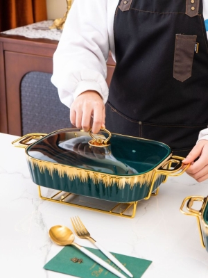 Порцеланов съд за топло сервиране със стъклен капак 38 x 23 см, Green & Gold