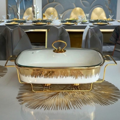 Керамичен съд за топло сервиране със стъклен капак 38.5 x 31 см, White & Gold