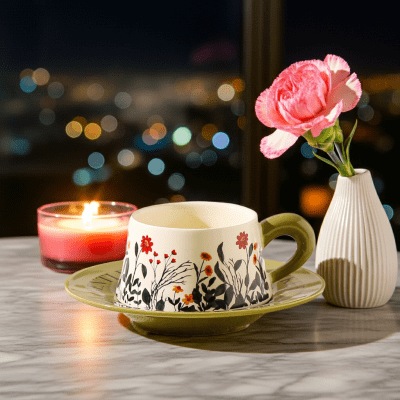 Порцеланова чаша с чинийка за кафе и чай 300 мл, Маслиненозелена