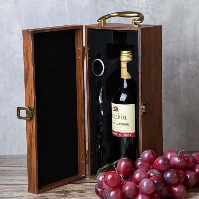 Дървена кутия за бутилка вино с аксесоари, 10 x 35 x 15 см, светъл цвят