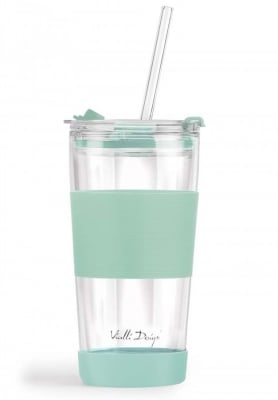 Двустенна стъклена чаша 600 мл със сламка и капак Fuori, цвят мента, Vialli Design Полша