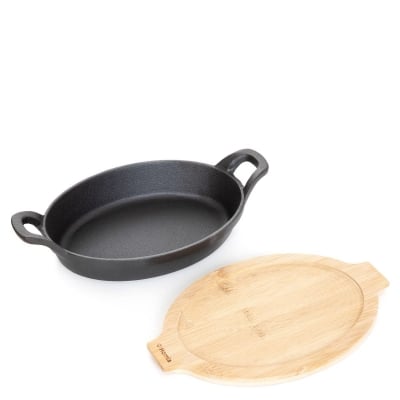  Чугунен тиган овал с 2 дръжки и бамбукова подложка ANDREAS, 27 x 15 см, HOMLA Полша