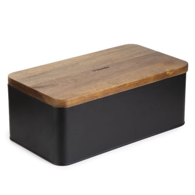 Стоманена кутия за хляб с акациев капак LOMAS, 33 x 18 x 13 см, черен цвят, HOMLA Полша