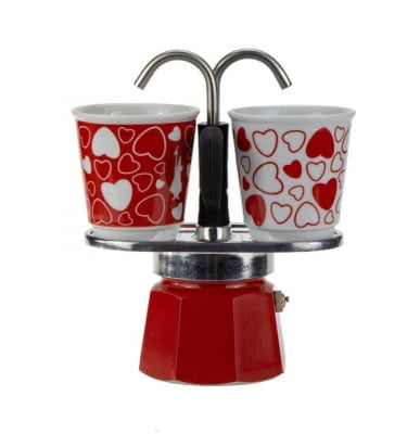 Комплект кафеварка с 2 чаши Set Mini, червена със сърца, Bialetti Италия