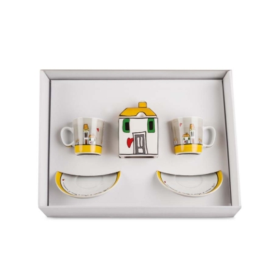 Комплект захарница и 2 чаши за кафе с чинийки Le Casette - жълти, Egan Италия