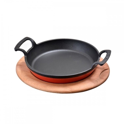 Чугунена купа с две дръжки 16 см и дървена подложка, червен цвят, LAVA Турция