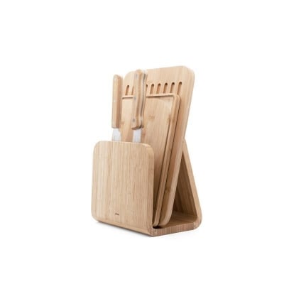 Комплект бамбукови дъски за рязане с поставка и ножове, 5 части, PEBBLY Франция