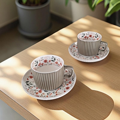 Керамични чаши за кафе или чай 230 мл с подложни чинийки - 4 части, Пролетна градина