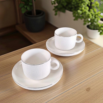 Керамични чаши за кафе или чай 200 мл с подложни чинийки - 4 части, Бяла прелест