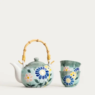 Керамичен сет за чай 3 части LIMITED - зелени цветя, HOMLA Полша