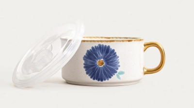 Керамична чаша - купа с капак 600 мл MEREN - синьо цвете, HOMLA Полша