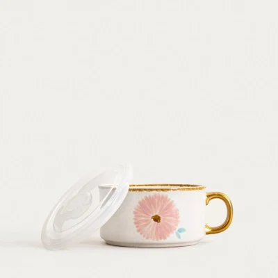 Керамична чаша - купа с капак 600 мл MEREN - розово цвете, HOMLA Полша