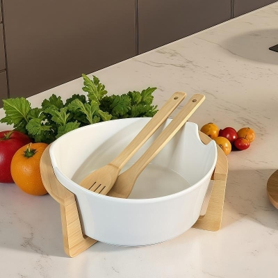 Керамична купа за салата със стойка и прибори за сервиране Classic, 13 x 25 x 25 см