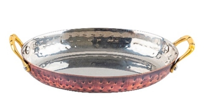 Шола за сервиране и презентация 19 см ANTIQUE, овална форма, медно релефно покритие, 2 месингови дръжки