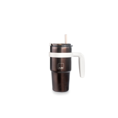 Двустенна термочаша с дръжка и сламка 480 мл Go Cup - кафява, IBILI Испания