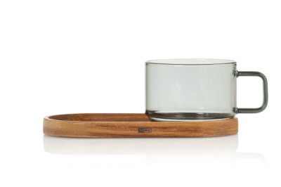 Стъклена чаша 300 мл с акациева подложка, сиво стъкло Impact, AdHoc Германия