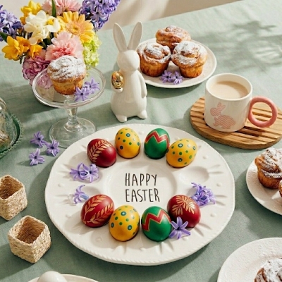 Великденско керамично плато за 12 броя яйца 28 см HAPPY EASTER BALCH, бял цвят, HOMLA Полша