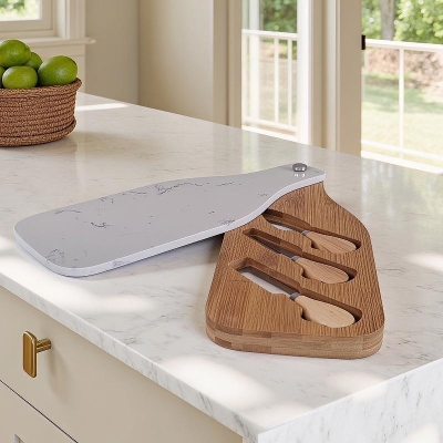 Плато за сирена 3 ножчета и мраморен капак 34 x 13.5 см, бяло