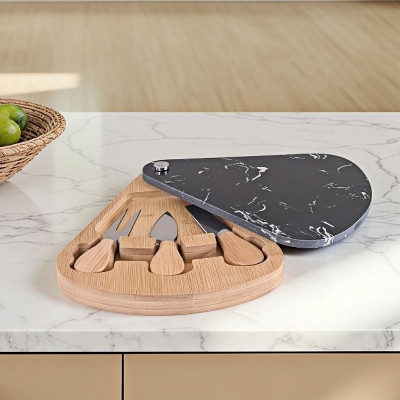 Плато за сирена 3 ножчета и мраморен капак 23 x 19 см, черно