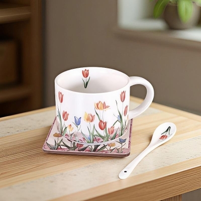 Керамична чаша за чай 280 мл с чинийка и лъжичка - 3 части, Лалета