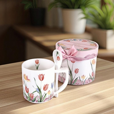 Керамична чаша за кафе или чай 290 мл с лъжичка, Лалета