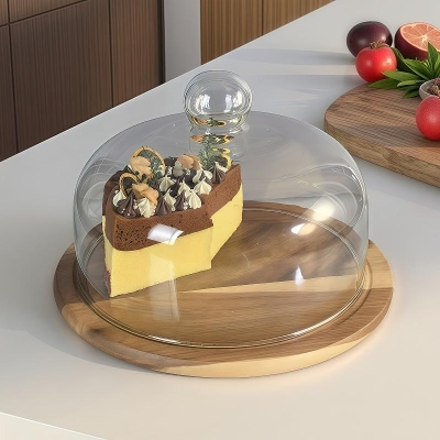 Дървен поднос за съхранение на сладки / торта със стъклен капак, 27.5 x 27.5 x 20 см