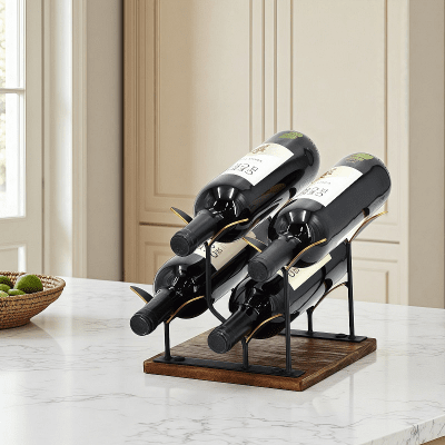 Метална поставка за 4 бутилки вино с дървена основа, 26 x 20 x 19.5 см