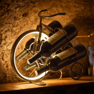 Поставка за 4 бутилки вино с LED светлина - колело, 36 x 21 x 33.5 см