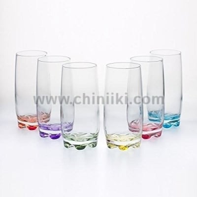 Стъклени чаши за вода и безалкохолно 390 мл с цветно дъно CORAL, 6 броя