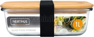 Стъклена кутия за храна 1 литър с херметическо затваряне и бамбуков капак, NERTHUS Испания