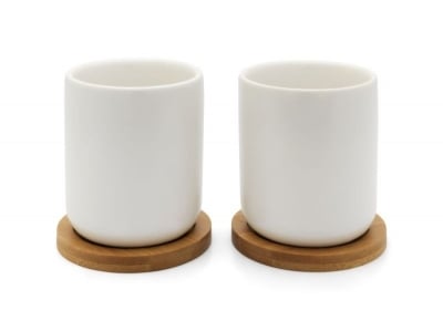 Сет от 2 броя керамични чаши за чай с бамбукови подложки Umea, 200 мл, бял цвят, BREDEMEIJER Нидерландия