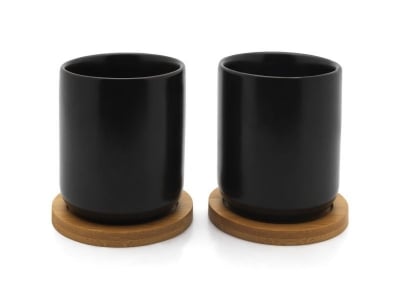 Сет от 2 броя керамични чаши за чай с бамбукови подложки Umea, 200 мл, черен цвят, BREDEMEIJER Нидерландия