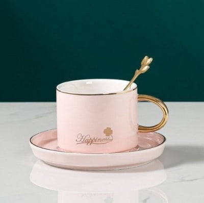 Порцеланова чаша за чай 200 мл с чинийка и лъжичка, HAPPINESS PINK
