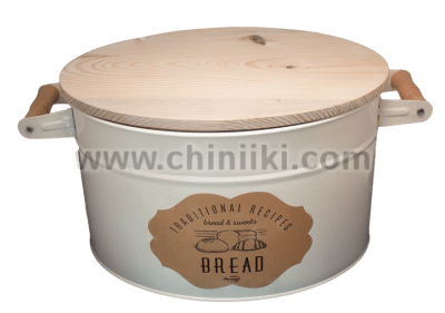 Метална кутия за хляб с дървен капак, цвят крем