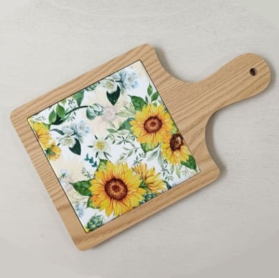 Керамична дъска за сервиране 24 см с бамбукова основа, Sunflower