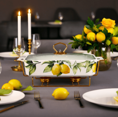 Керамичен съд за топло сервиране със стъклен капак 38.5 x 29.5 см, Lemons & Gold
