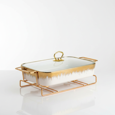 Керамичен съд за топло сервиране със стъклен капак 31 x 16 см, White & Gold