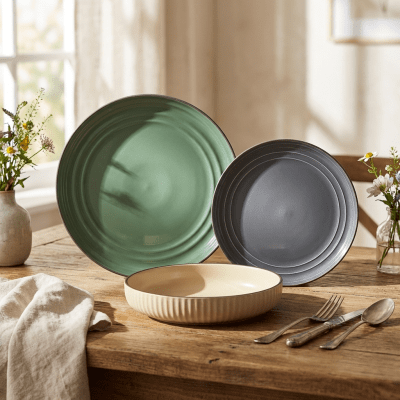 Керамичен сервиз за хранене 18 части Nordic - сив, бежов, зелен