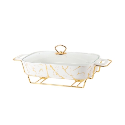 Керамичен съд за топло сервиране със стъклен капак 38.5 x 29.5 см, Marble Gold