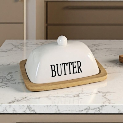 Керамичен съд за масло с бамбукова подложка Butter, 9 x 18 x 12 см