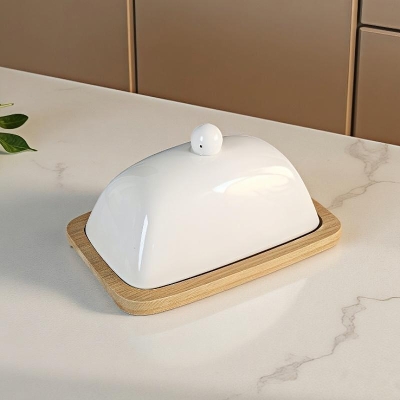 Керамичен съд за масло с бамбукова подложка, 11 x 18 x 12 см